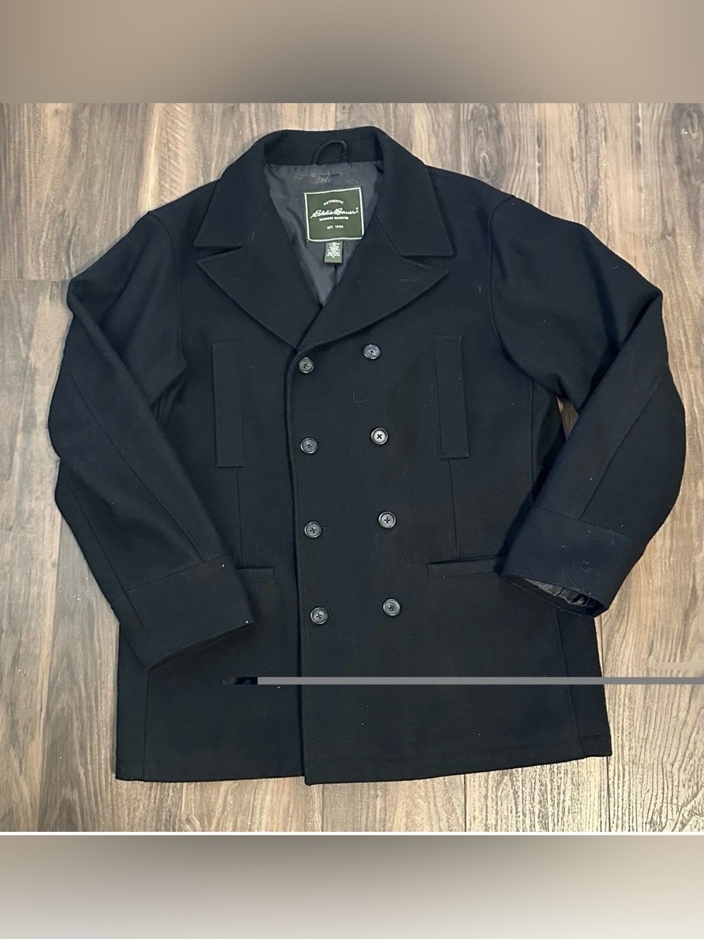 Eddie Bauer Men’s Black Wool Pea Coat Vintage Double Breast Outdoor XL